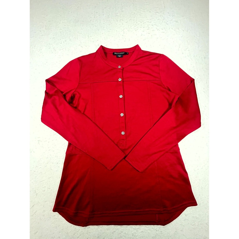 Pendleton Henley Top Womens XS Red Merino Wool Long Sleeve Curved Hem Sweater - Picture 1 of 9